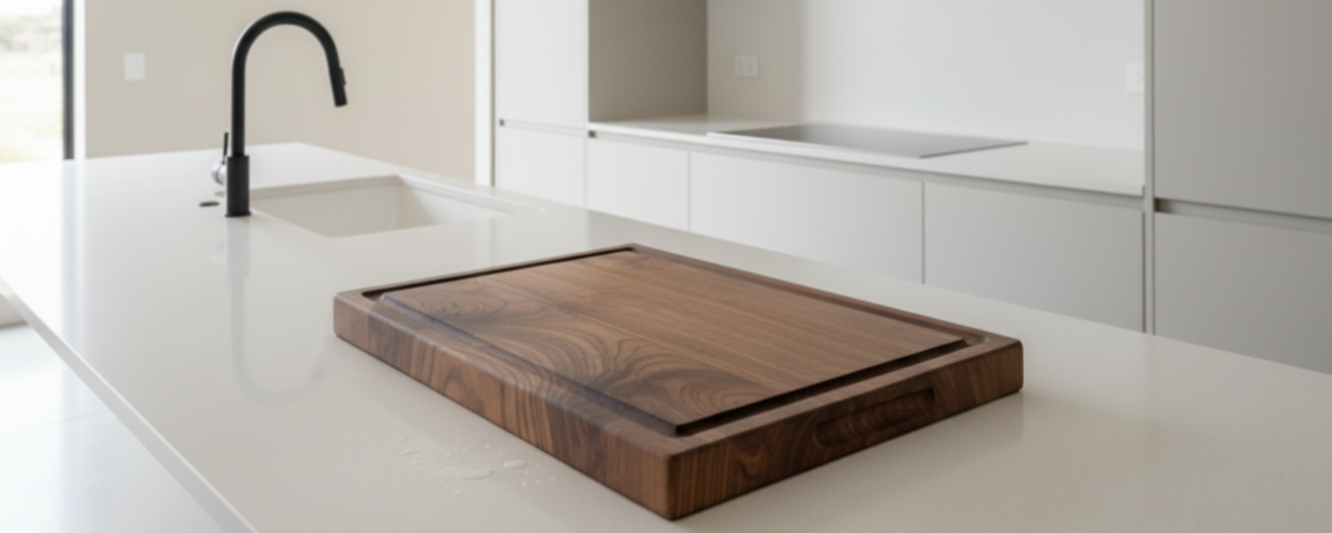 white quatz counter showing a walnut cutting board with a background of a kitchen stove, very minimalist kitchen.    image size to be 3:1 width to height

